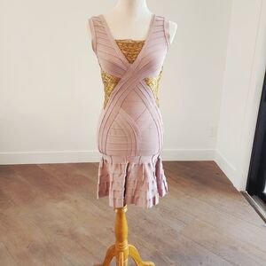 Herve Leger Pink and Gold Beaded Mini Fluted Dress Size S VINTAGE UNIQUE